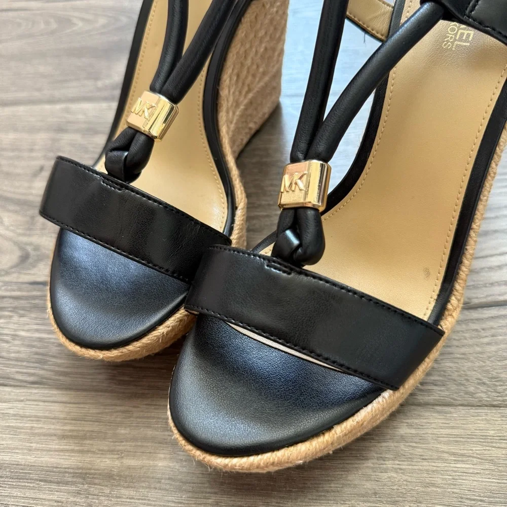 Michael Kors Annie Black Leather Espadrille Wedge Sandals size 7 Women
